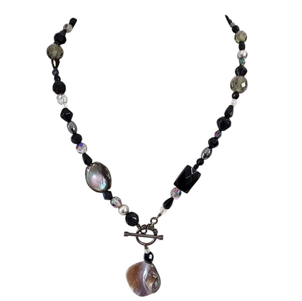 Artisan abalone pendant necklace toggle closure aurora borealis crystal beads
